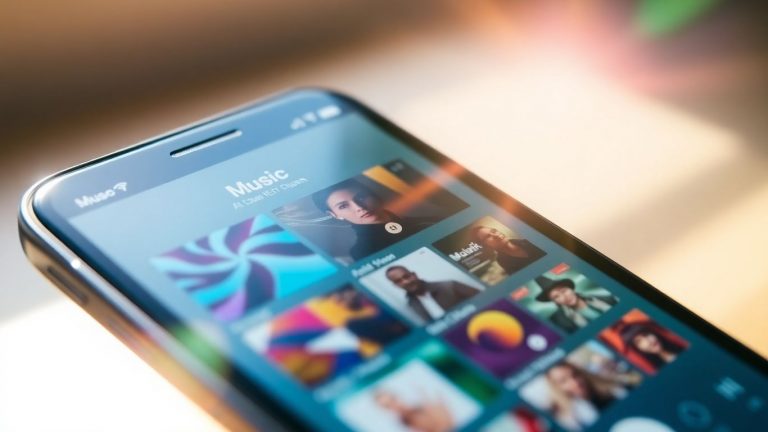 Smartphone screen with music player and album art.