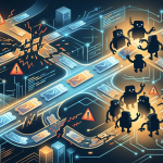 Illustration of robots and alerts monitoring a disrupted digital transaction network