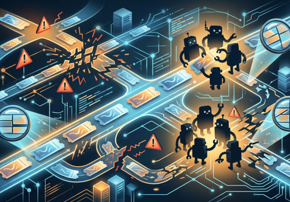 Illustration of robots and alerts monitoring a disrupted digital transaction network