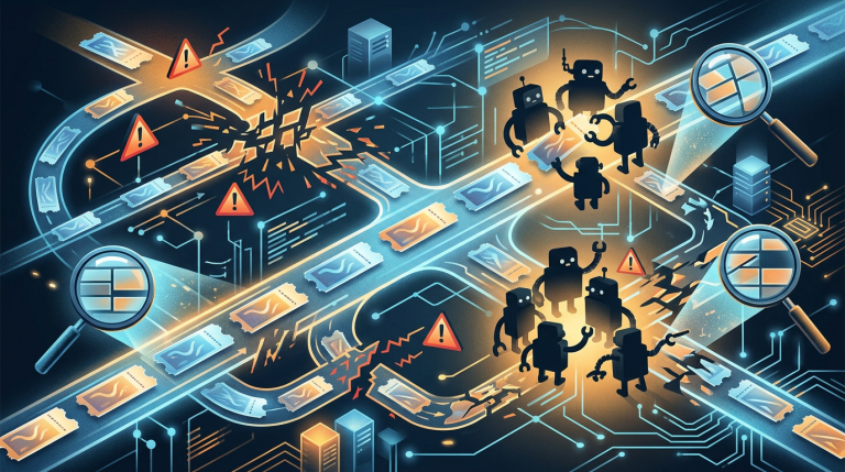 Illustration of robots and alerts monitoring a disrupted digital transaction network